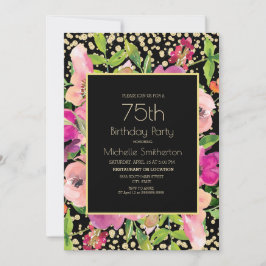 Invitación Purpurina Oro Floral Rosa Negro 75º cumpleaños