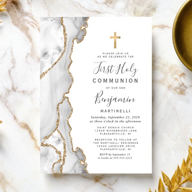 Invitación Purpurina Oro Gray Agate Primero Santa Comunión (Subido por el creador)