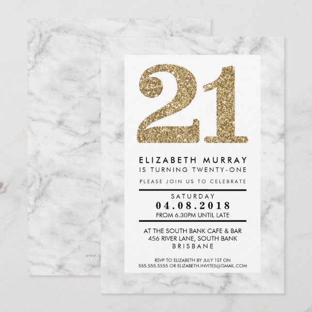 Invitación PURPURINA ORO NÚMERO 21 21ª INVITA simple mármol (Anverso / Reverso)