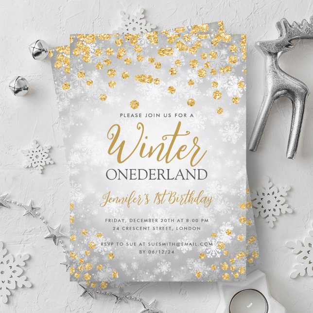 Invitación Purpurina Oro Plateado ONEDERLAND Primer cumpleaño (Silver Gold Winter ONEDERLAND Glitter 1st Birthday Invitation)
