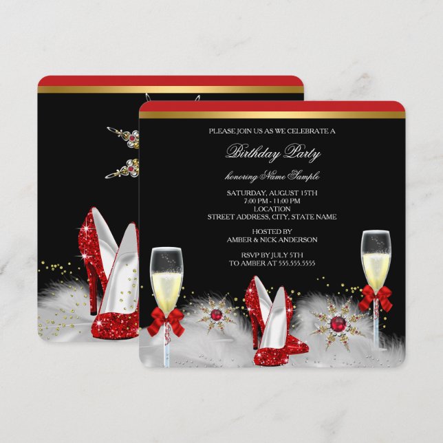 Invitación Purpurina Oro Rojo Heels Black Silver Champagne 2 (Anverso / Reverso)