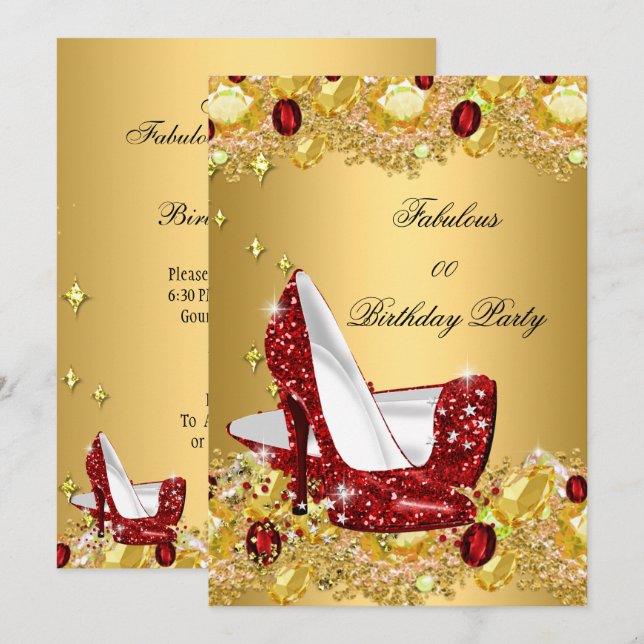 Invitación Purpurina Oro Rojo Tocos Altos Fabuloso Fiesta (Anverso / Reverso)
