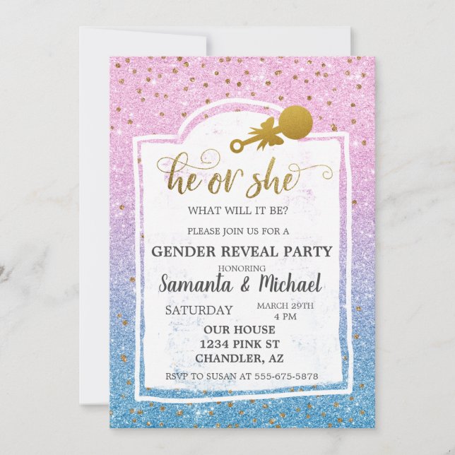 Invitación Purpurina Oro rosa Azul Ombre Azul  Oro Fiesta de  (Anverso)
