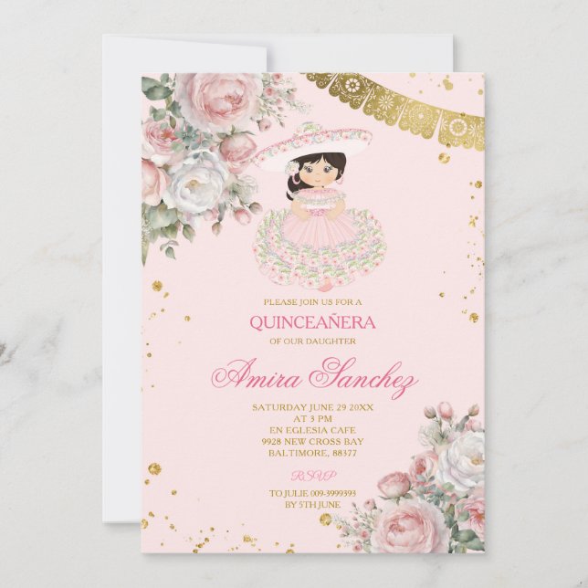 Invitación Purpurina Oro Rosa  Chica español Quinceañera (Anverso)