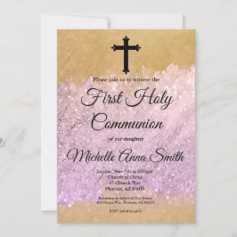 Invitación Purpurina Oro Rosa Chica Primera Santa Comunión