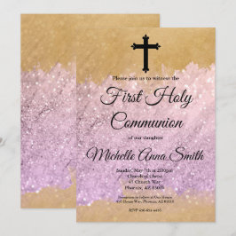 Invitación Purpurina Oro Rosa Chica Primera Santa Comunión