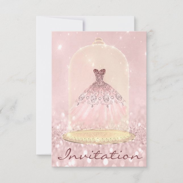 Invitación Purpurina Oro Rosa Diamante Vestido Dulce 16 (Anverso)