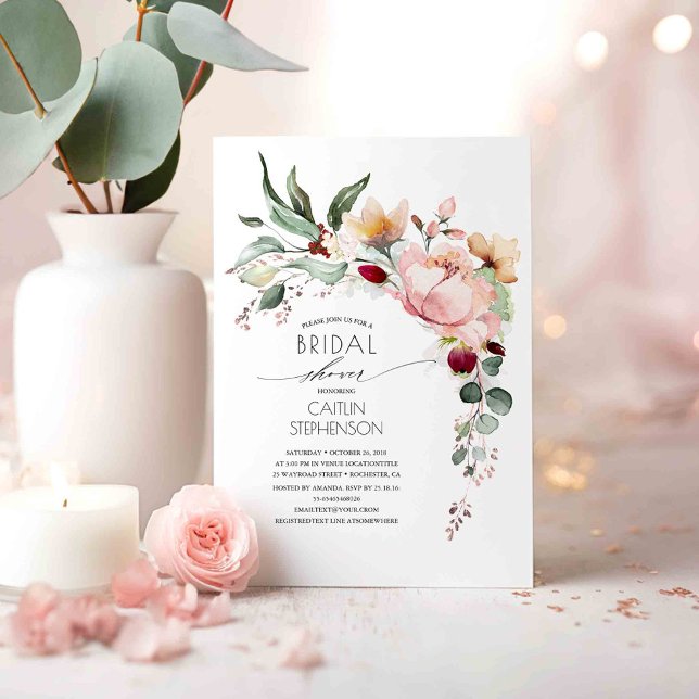 Invitación Purpurina Oro Rosa Floral Elegante Ducha Bridal (Elegant Watercolor Flowers Bridal Shower Invitations)