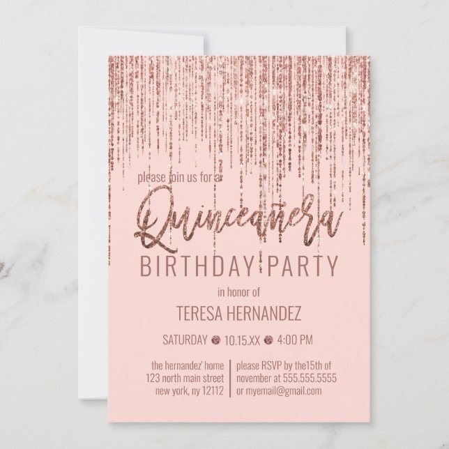 Invitación Purpurina Oro Rosa Rosa  Cortina lateral Quinceañe (Anverso)