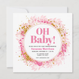 Invitación Purpurina Oro Rosa Watercolor Bebé Chica Ducha Inv