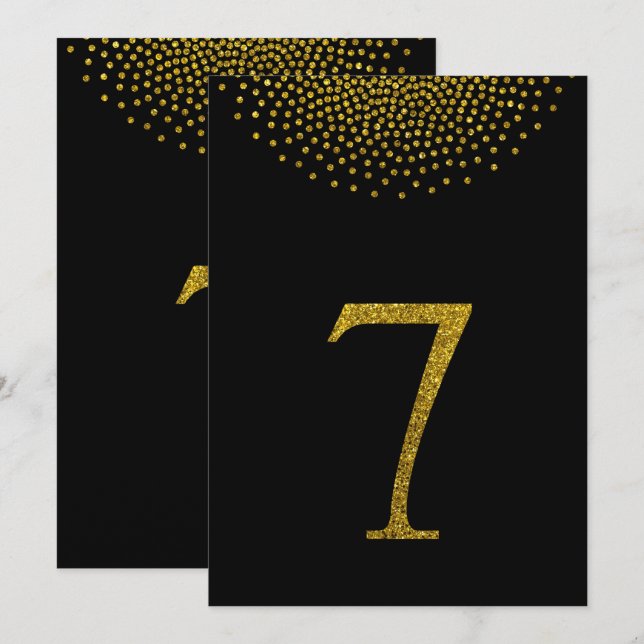Invitación purpurina oro simple y mesa negra número 7 (Anverso / Reverso)
