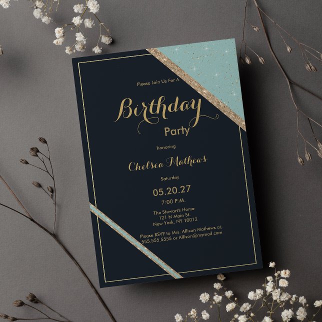Invitación Purpurina oro verde azulado azul oscuro geométrico (Dark blue teal gold glitter geometric Birthday Invitation )