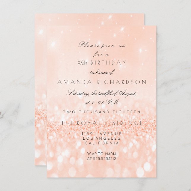 Invitación Purpurina Pastel Coral Peach Girly Bridal Cumpleañ (Anverso / Reverso)