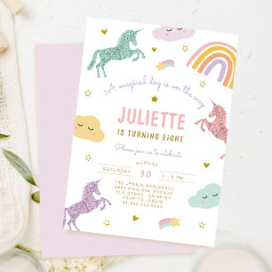 Invitación Purpurina Pastel Magnético Unicornio Cumpleaños En