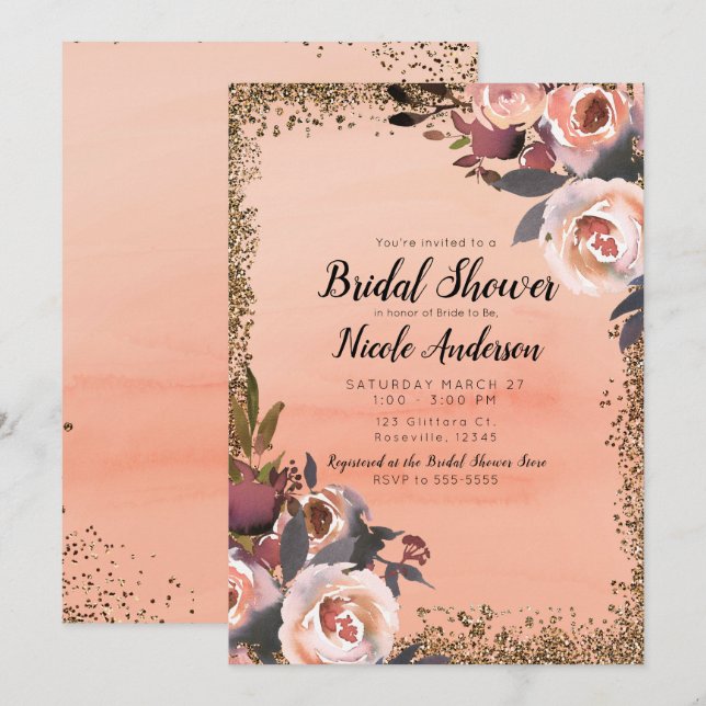 Invitación Purpurina Peach & Gold Floral Moderna Ducha Bridal (Anverso / Reverso)