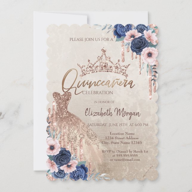 Invitación Purpurina Perforaciones De La Corona, Vestido, Ros (Anverso)