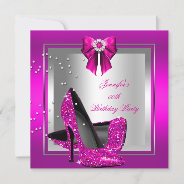 Invitación Purpurina Pink High Heel Shoel Silver fiesta de cu (Anverso)