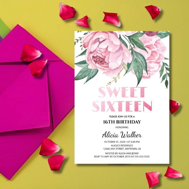 Invitación Purpurina Pink Peony Floral Sweeet 16th Birthday (Subido por el creador)