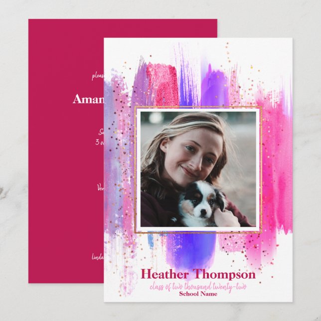 Invitación Purpurina Pintado Rosa y Púrpura Graduación De Par (Anverso / Reverso)