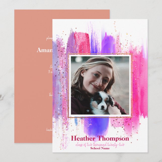 Invitación Purpurina Pintado Rosa y Púrpura Graduación De Par (Anverso / Reverso)