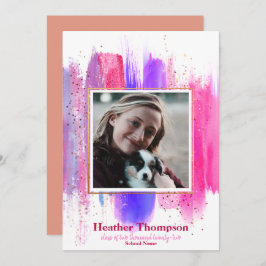 Invitación Purpurina Pintado Rosa y Púrpura Graduación De Par