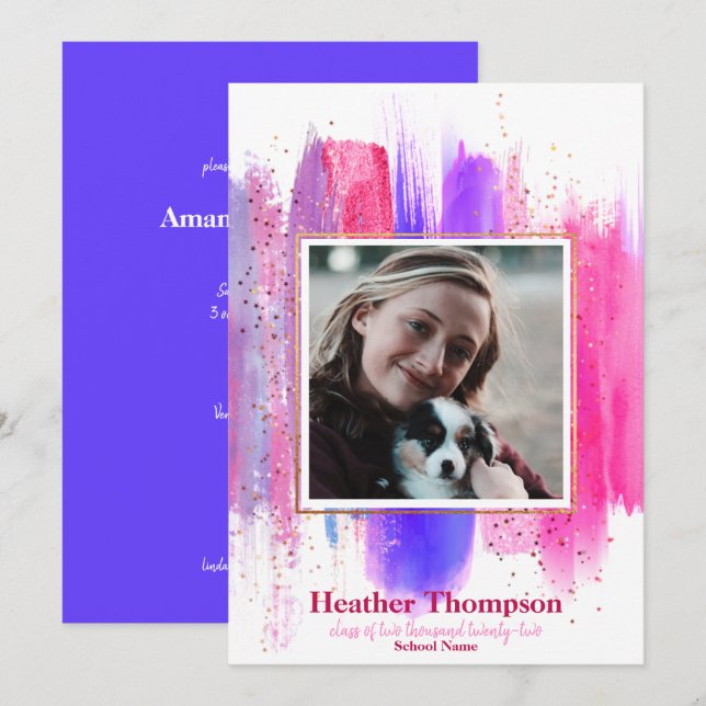 Invitación Purpurina Pintado Rosa y Púrpura Graduación De Par (Anverso / Reverso)