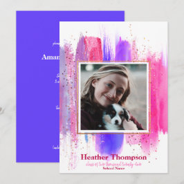 Invitación Purpurina Pintado Rosa y Púrpura Graduación De Par