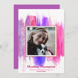 Invitación Purpurina Pintado Rosa y Púrpura Graduación De Par