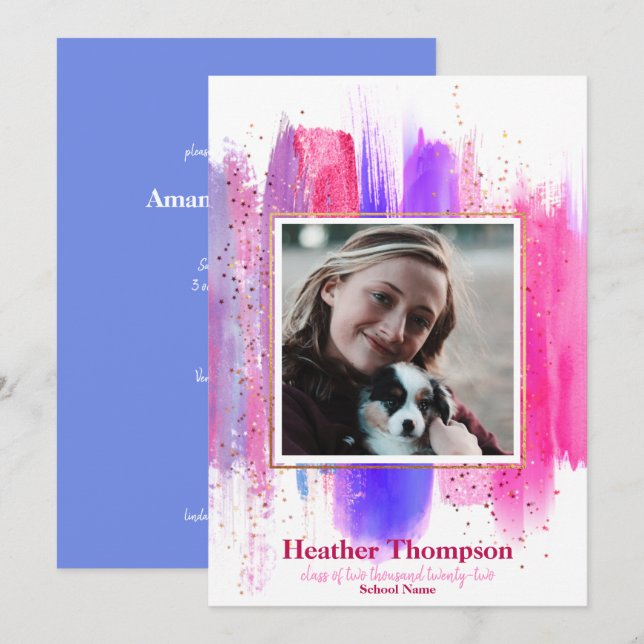 Invitación Purpurina Pintado Rosa y Púrpura Graduación De Par (Anverso / Reverso)