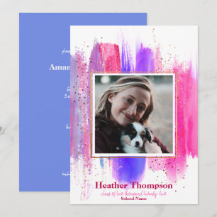 Invitación Purpurina Pintado Rosa y Púrpura Graduación De Par