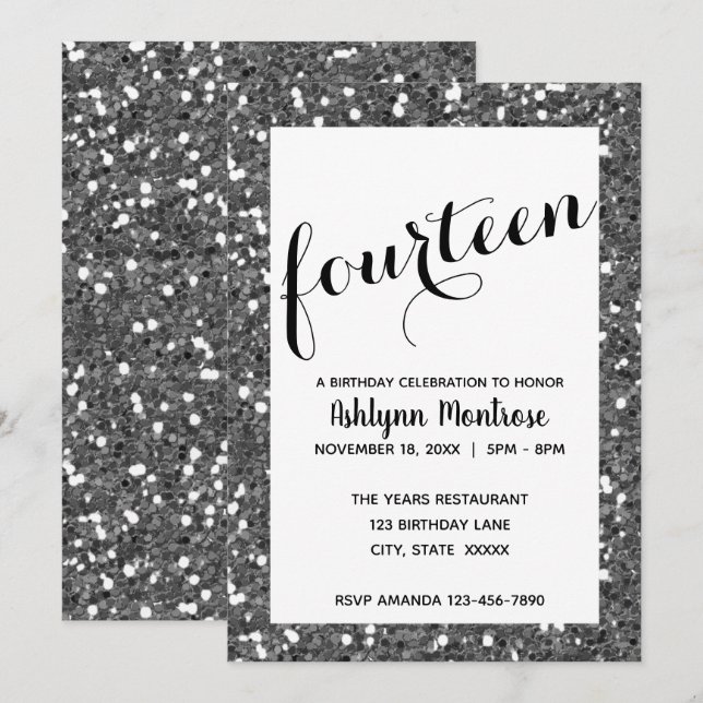 Invitación Purpurina Plata 14º cumpleaños (Anverso / Reverso)