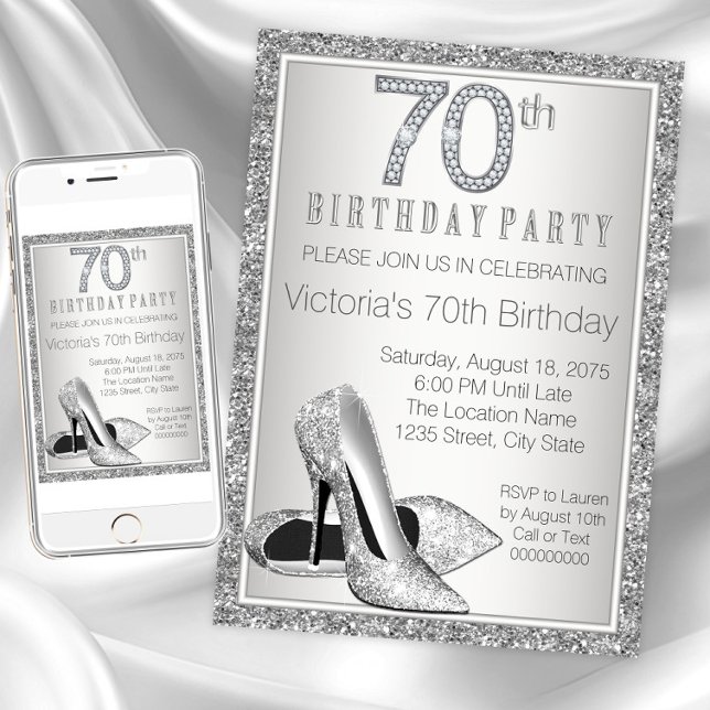 Invitación Purpurina Plata Alta Calzado de tacón 70 cumpleaño (Womans 70th birthday party invitation. Instant download and printed invitations available.)