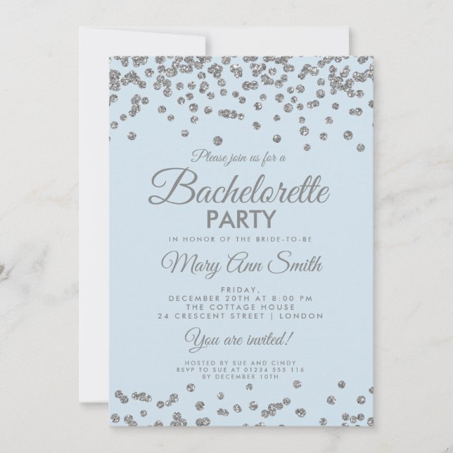Invitación Purpurina Plata Bachelorette Confetti Ice Blu (Anverso)