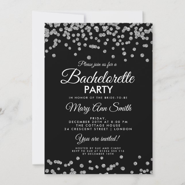 Invitación Purpurina Plata Bachelorette Party Confetti Black (Anverso)