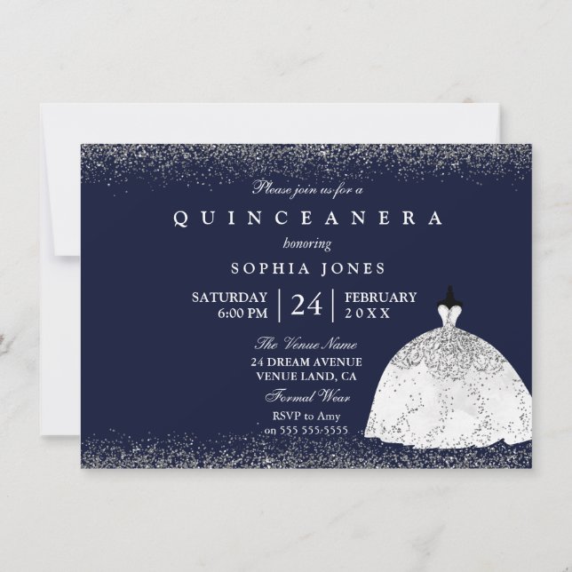 Invitación Purpurina Plata Blanca Vestido Quinceanera Fiesta (Reverso)
