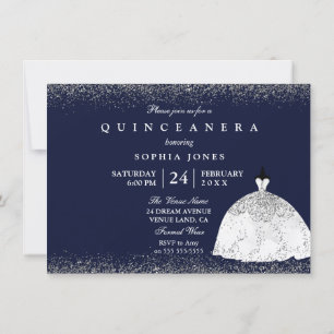 Invitación Purpurina Plata Blanca Vestido Quinceanera Fiesta