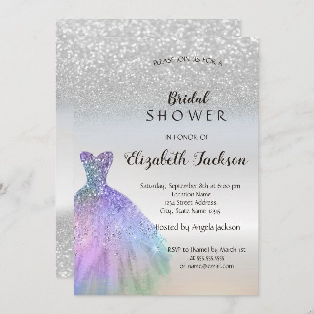 Invitación Purpurina Plata Bokeh, ducha de novia con vestidos (Anverso / Reverso)
