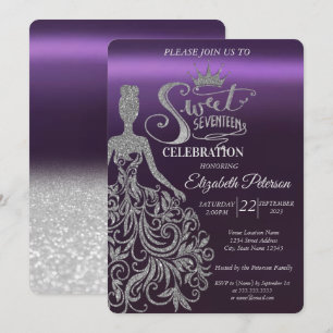 Invitación Purpurina Plata Bokeh, Vestido, Tiara, Dulce Morad