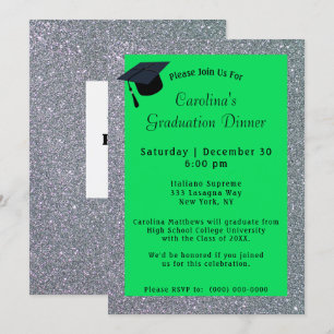 Invitación Purpurina Plata Cena Graduación Verde
