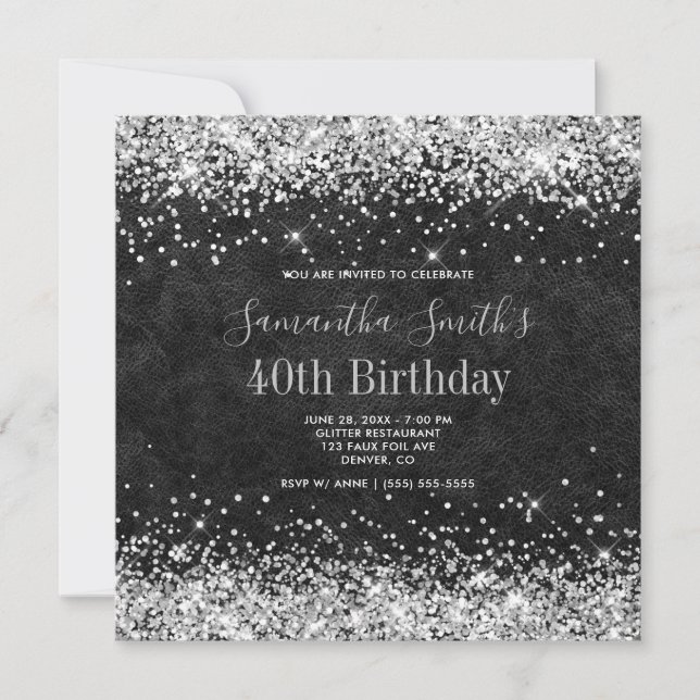 Invitación Purpurina Plata Cuero Negro 40 cumpleaños (Anverso)
