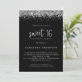 Invitación Purpurina Plata de moda dulce 16 cumpleaños negro