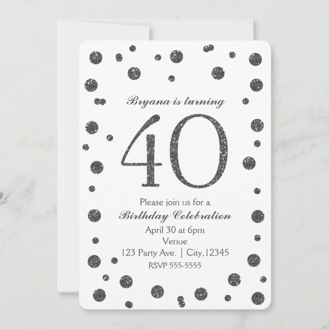 Invitación Purpurina Plata Dots 40th 40 Birthday Party (Anverso)