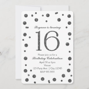 Invitación Purpurina Plata Dots Sweet 16 Birthday Party
