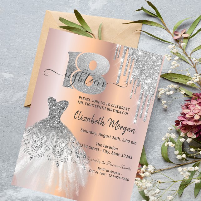 Invitación Purpurina Plata Drena Vestido Rosa Oro 18 cumpleañ (Subido por el creador)