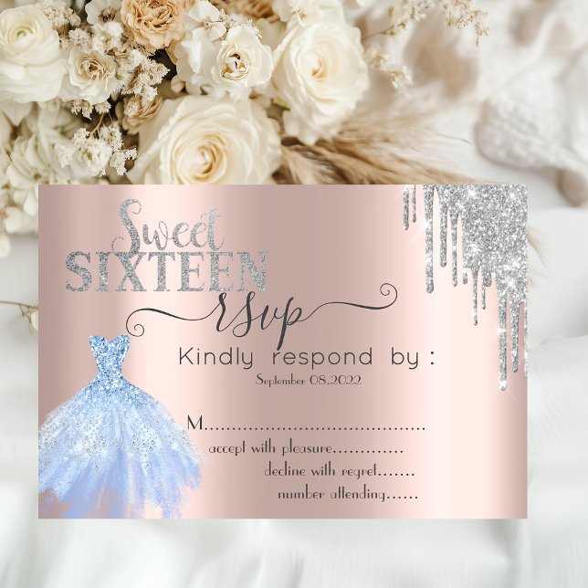 Invitación Purpurina Plata Drip Blue Dress Sweet 16 RSVP (Subido por el creador)