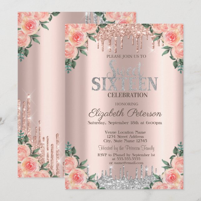 Invitación Purpurina Plata Drips Rosa Dorado Floral Dulce 16 (Anverso / Reverso)