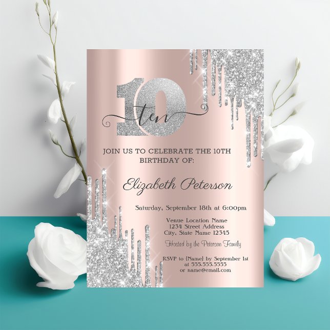 Invitación Purpurina Plata Drips Rosa Oro 10 cumpleaños (Subido por el creador)