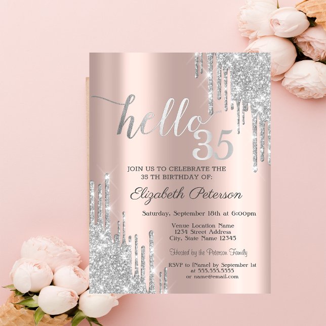 Invitación Purpurina Plata Drips Rosa Oro 35 cumpleaños en (Subido por el creador)