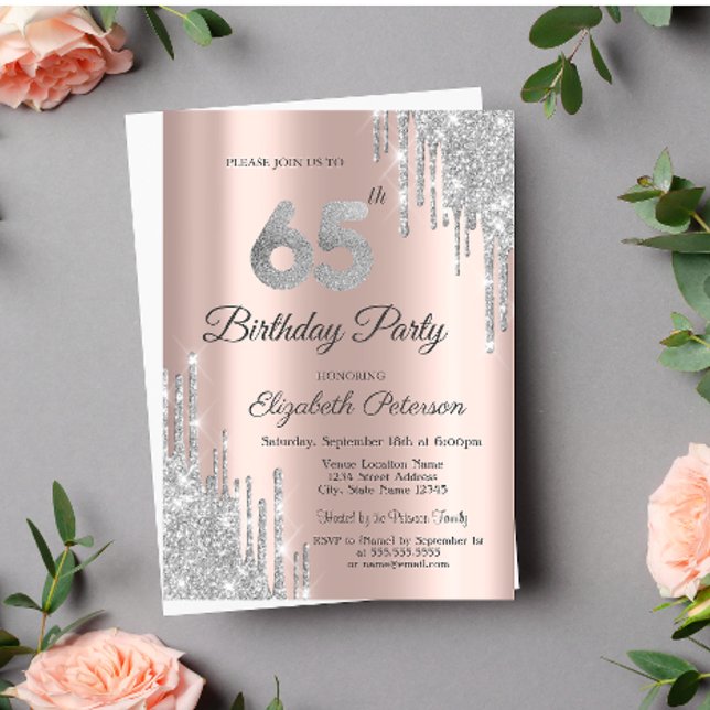 Invitación Purpurina Plata Drips Rosa Oro 65 cumpleaños (Subido por el creador)