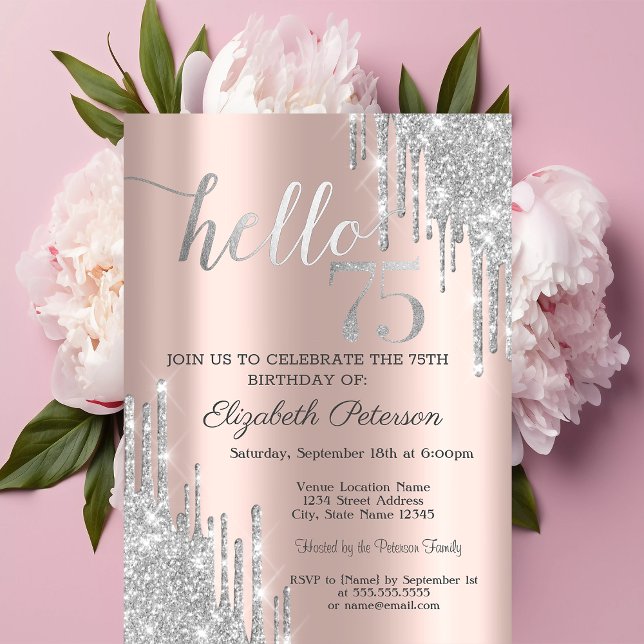 Invitación Purpurina Plata Drips Rosa Oro 75 cumpleaños (Subido por el creador)